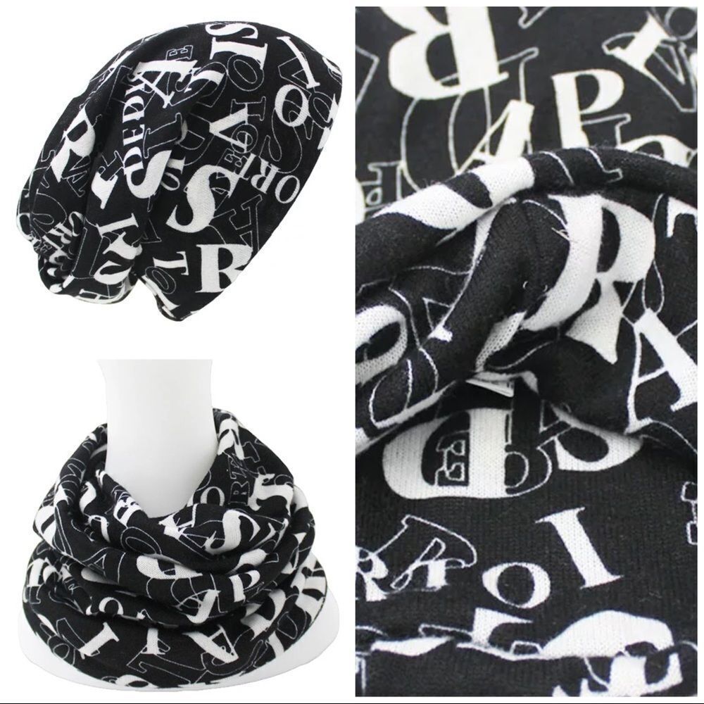 Black White Print Knit Jersey Beanie Cap   4-in-1